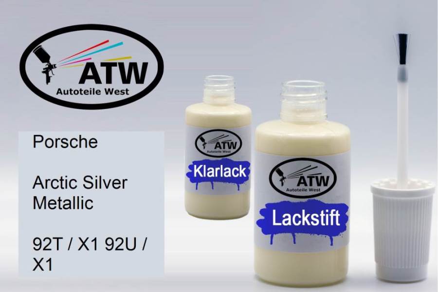 Porsche, Arctic Silver Metallic, 92T / X1 92U / X1: 20ml Lackstift + 20ml Klarlack - Set, von ATW Autoteile West.